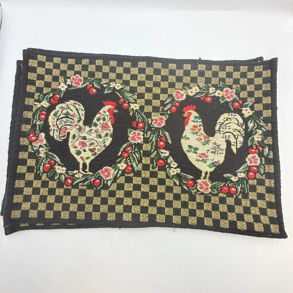 Set of 4 Woven Tapestry Rooster Placemats Farmhouse Country Checkered Floral